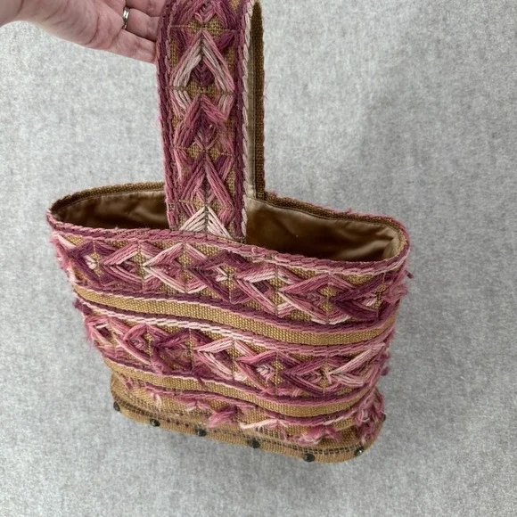 VTG Handmade Burlap Yarn Embroidered Tote Bag Geometric Stitched Pink Brown Boho - Picture 15 of 16